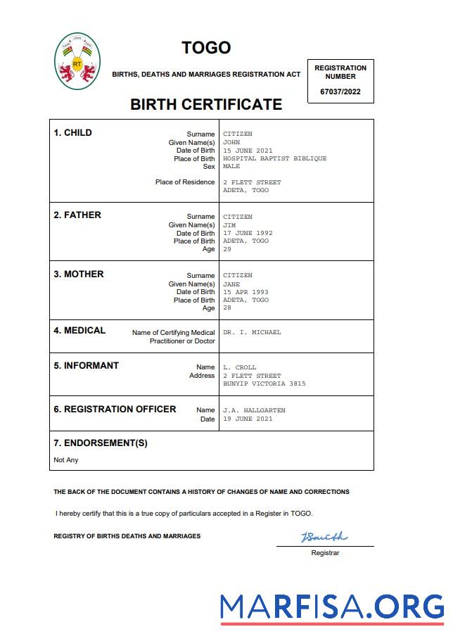 Blank Togo vital record birth certificate Word and PDF template